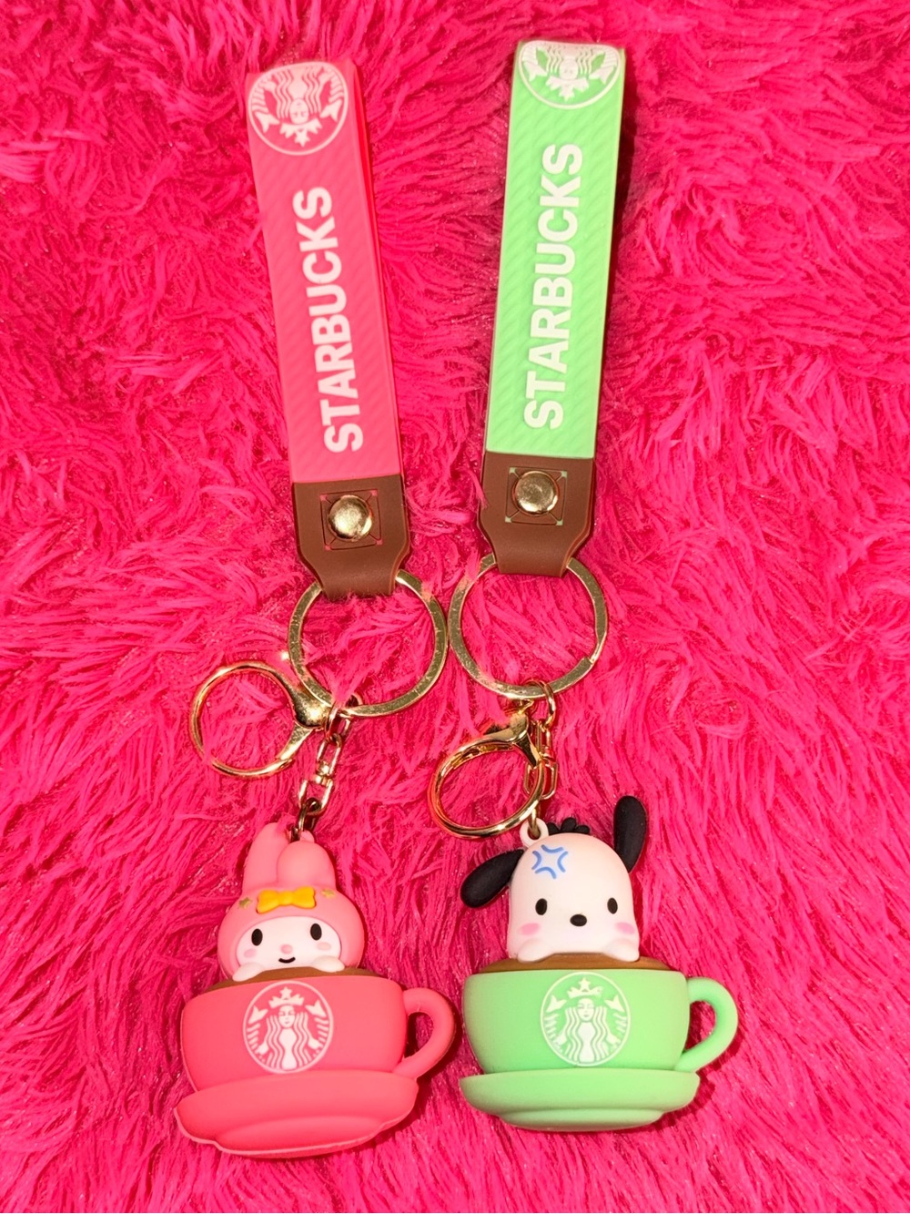 Starbucks Pink & Green Sanrio Cup Keychain Set
